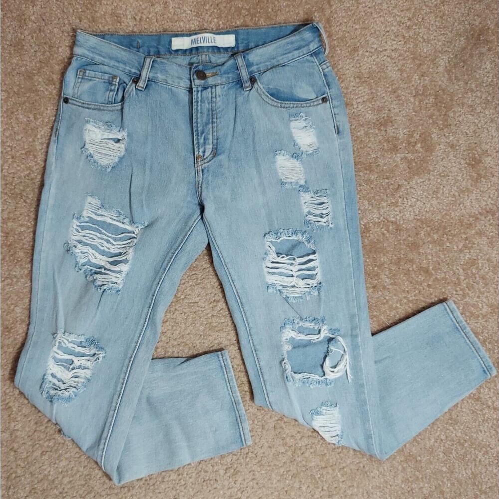 MELVILLE Womens Size 26 Distressed Jeans 30x25 Boyfriend Ankle Frayed Med Wash